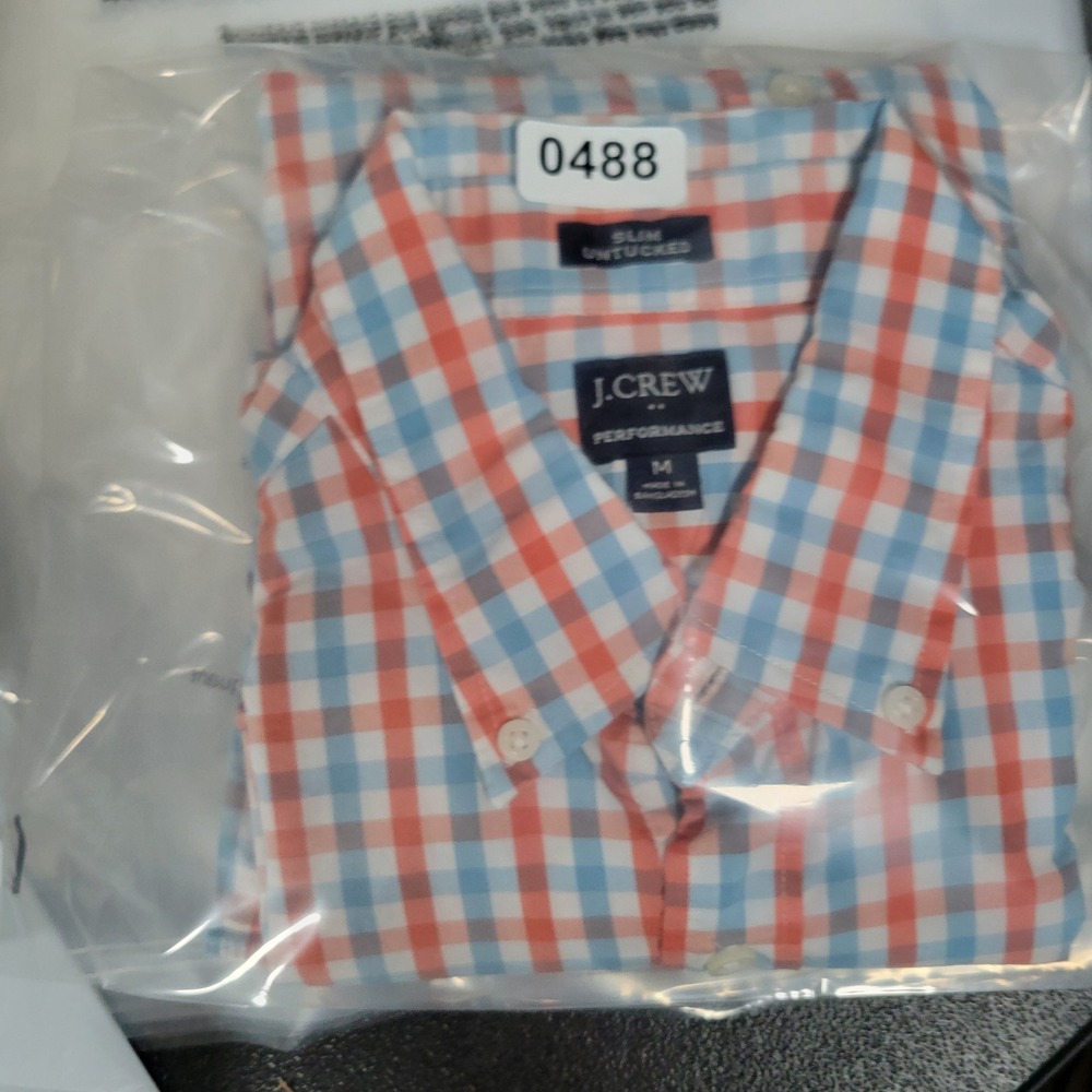 J.Crew Performance Shirt Mens M Orange Blue Gingham Slim Untucked Long Sleeve - Picture 10 of 12